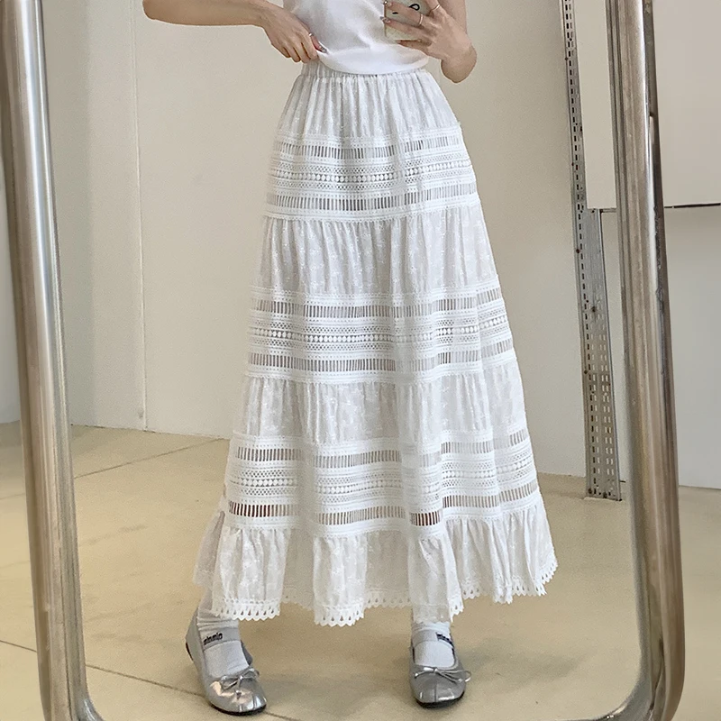 Embroidery Eyelet - Eyelet embroidery Midi Skirt White Flowy