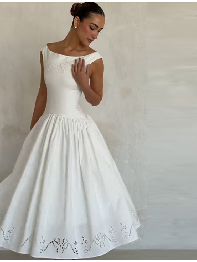 Elegant White Boat Neck Midi D - огляд і ціна Embroidery Eyelet