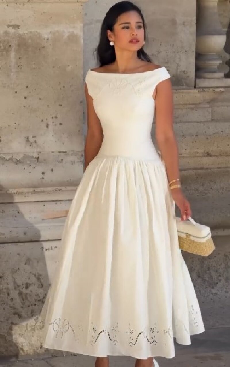 Elegant White Boat Neck Midi D - огляд і ціна Embroidery Eyelet