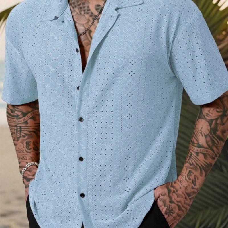 Men's Light Blue Short Sleeve  - огляд і ціна Embroidery Eyelet