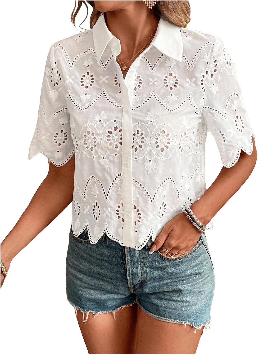 Women's Short Sleeve Button Do - огляд і ціна Embroidery Blouse