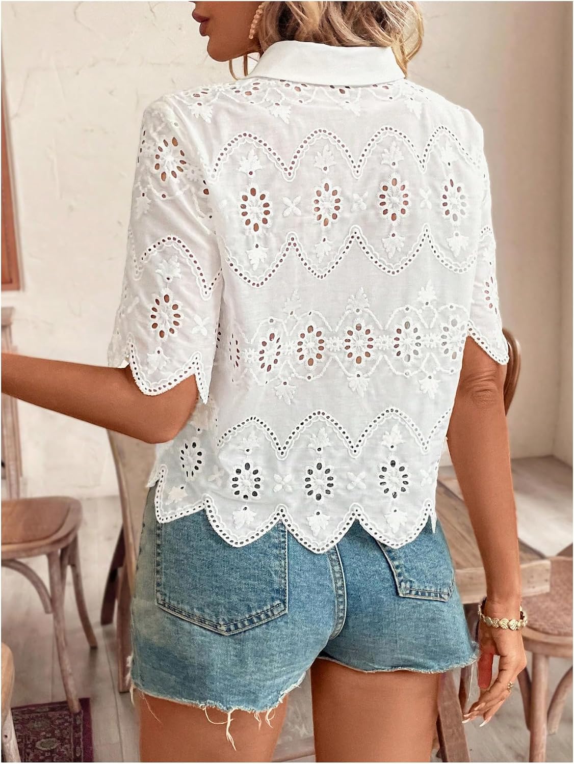 Women's Short Sleeve Button Do - огляд і ціна Embroidery Blouse