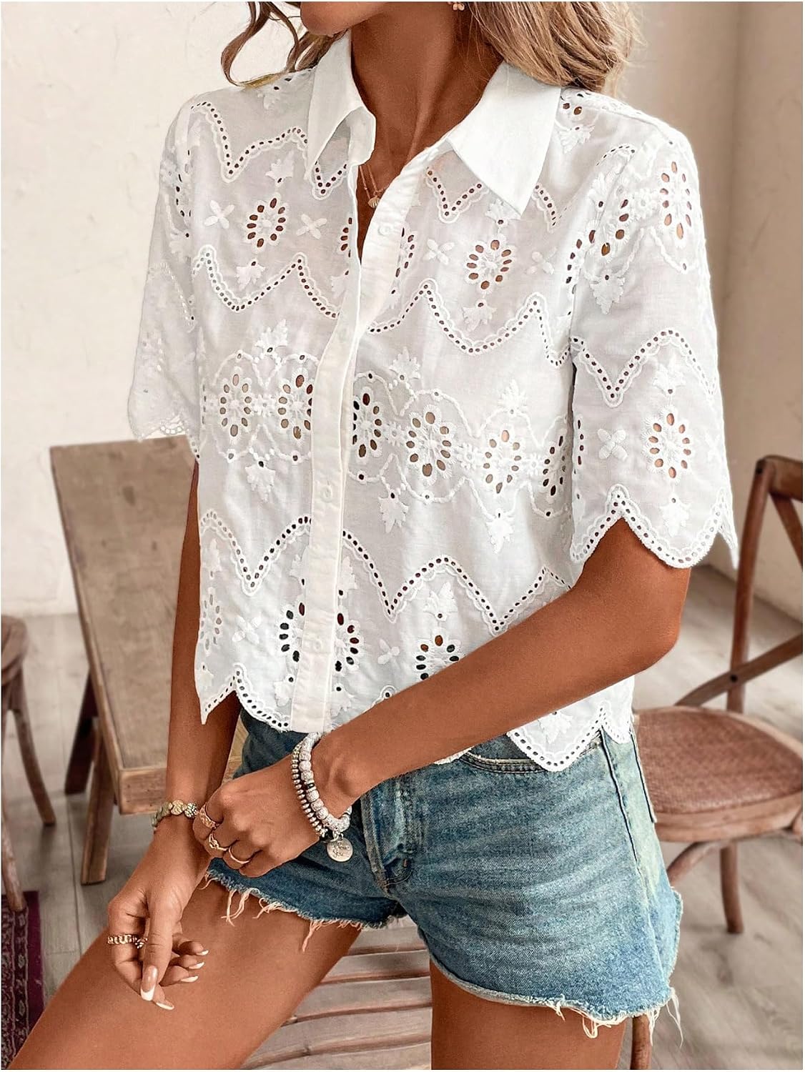 Women's Short Sleeve Button Do - огляд і ціна Embroidery Blouse