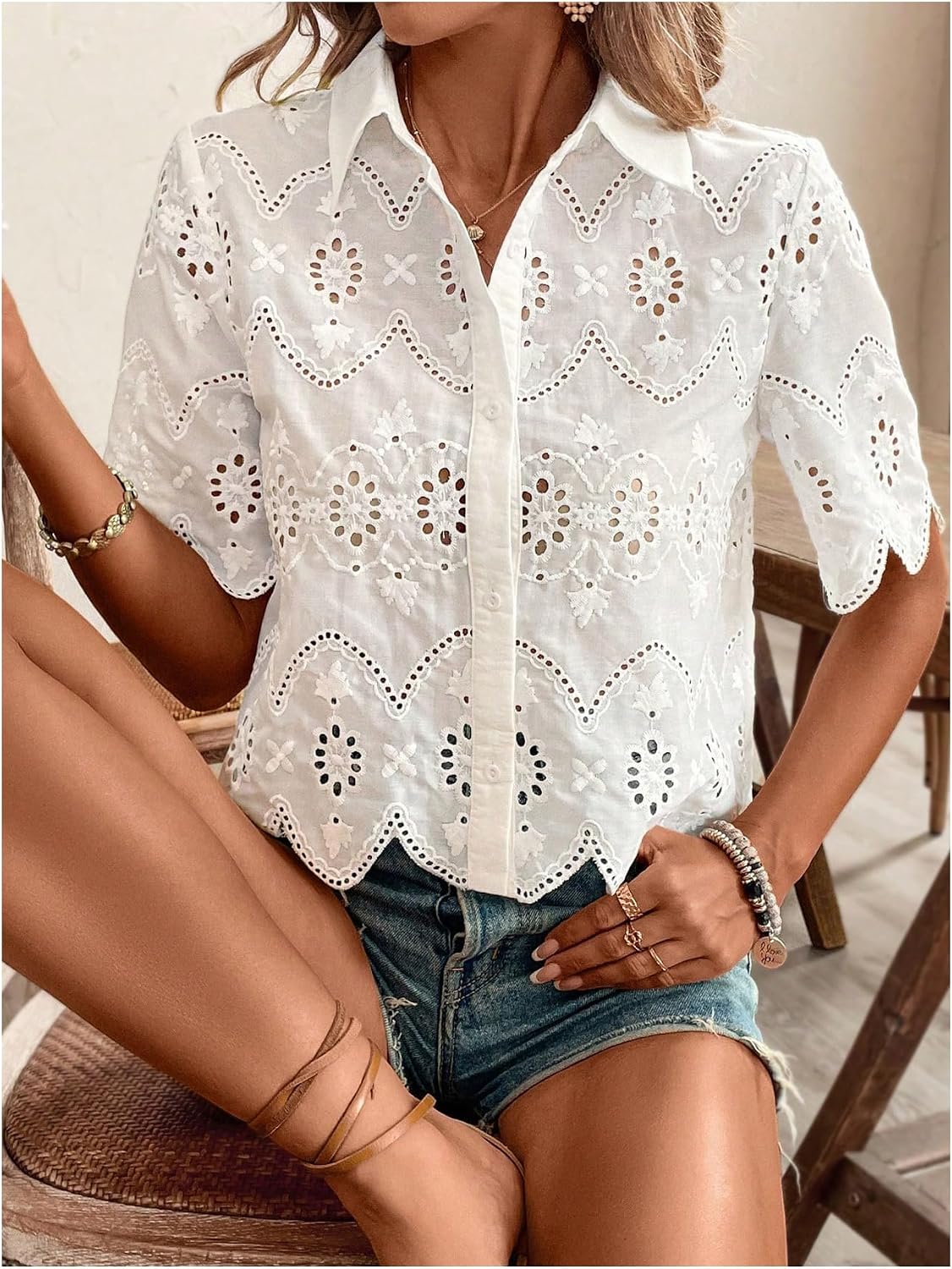 Women's Short Sleeve Button Do - огляд і ціна Embroidery Blouse